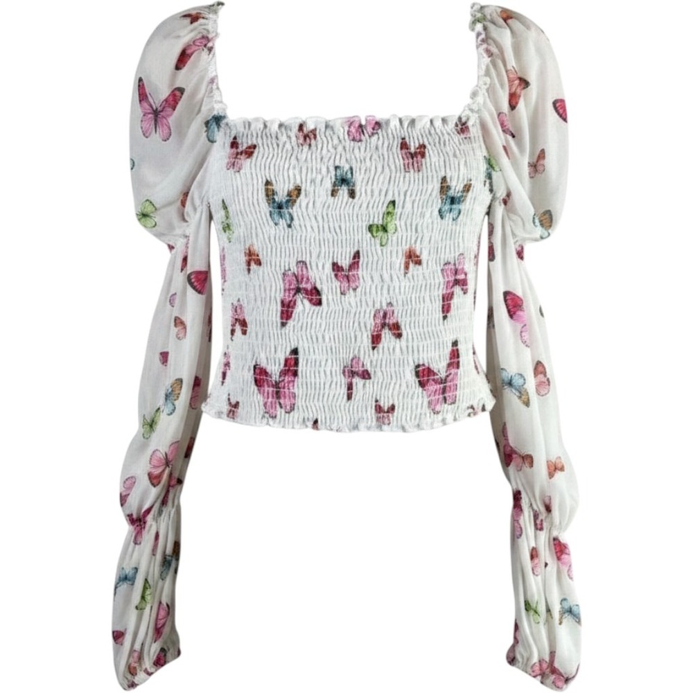 Fashion Nova Butterfly Smocked Crop Top Small Y2k Romantic Festical Boho